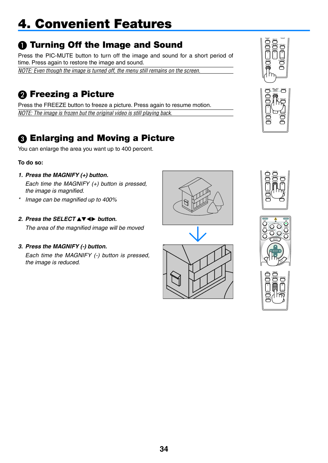 NEC NP1150, NP2150 user manual  Turning Off the Image and Sound,  Freezing a Picture,  Enlarging and Moving a Picture 