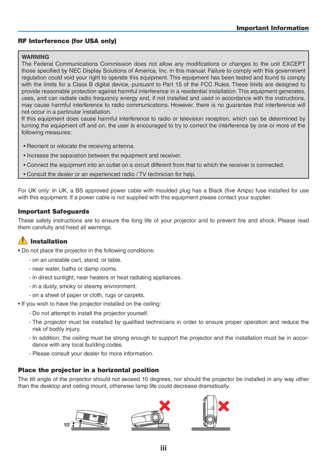 NEC NP2150, NP1150 user manual Iii, Important Information RF Interference for USA only, Important Safeguards, Installation 