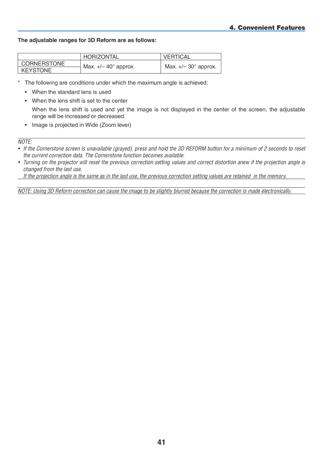 NEC NP2150, NP1150 user manual Adjustable ranges for 3D Reform are as follows 