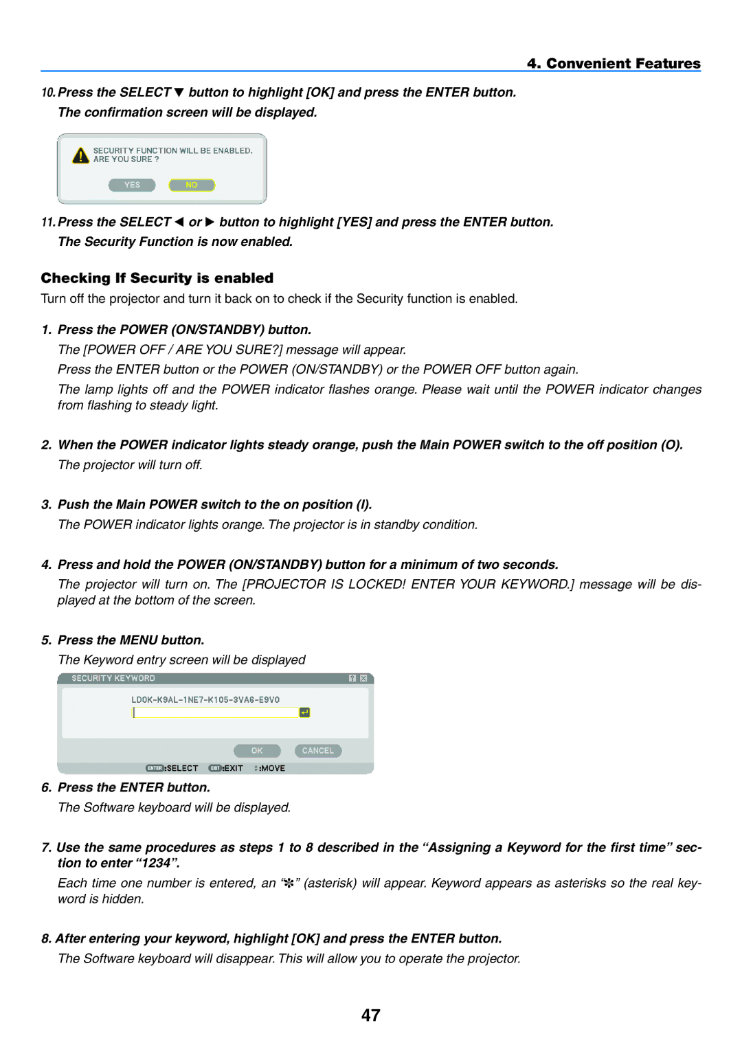 NEC NP2150, NP1150 user manual Checking If Security is enabled, Press the Power ON/STANDBY button, Press the Menu button 