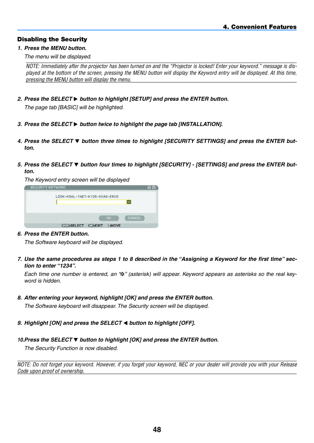 NEC NP1150, NP2150 user manual Convenient Features Disabling the Security 