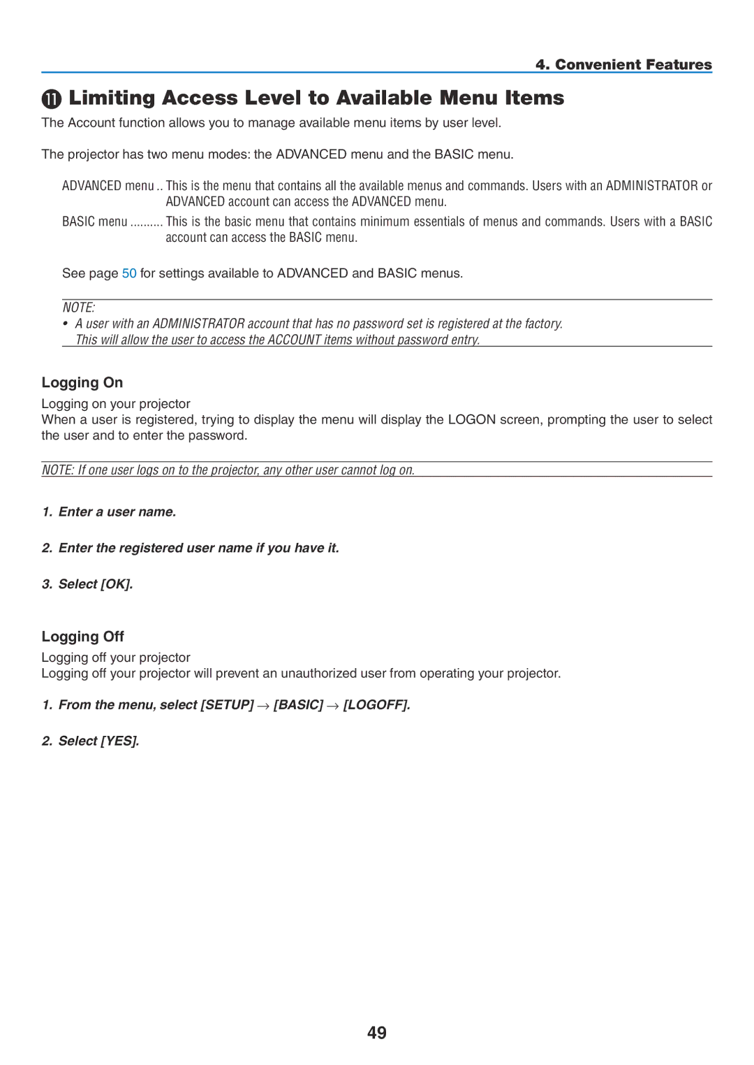 NEC NP2150  Limiting Access Level to Available Menu Items, Logging On, Logging Off, Account can access the Basic menu 