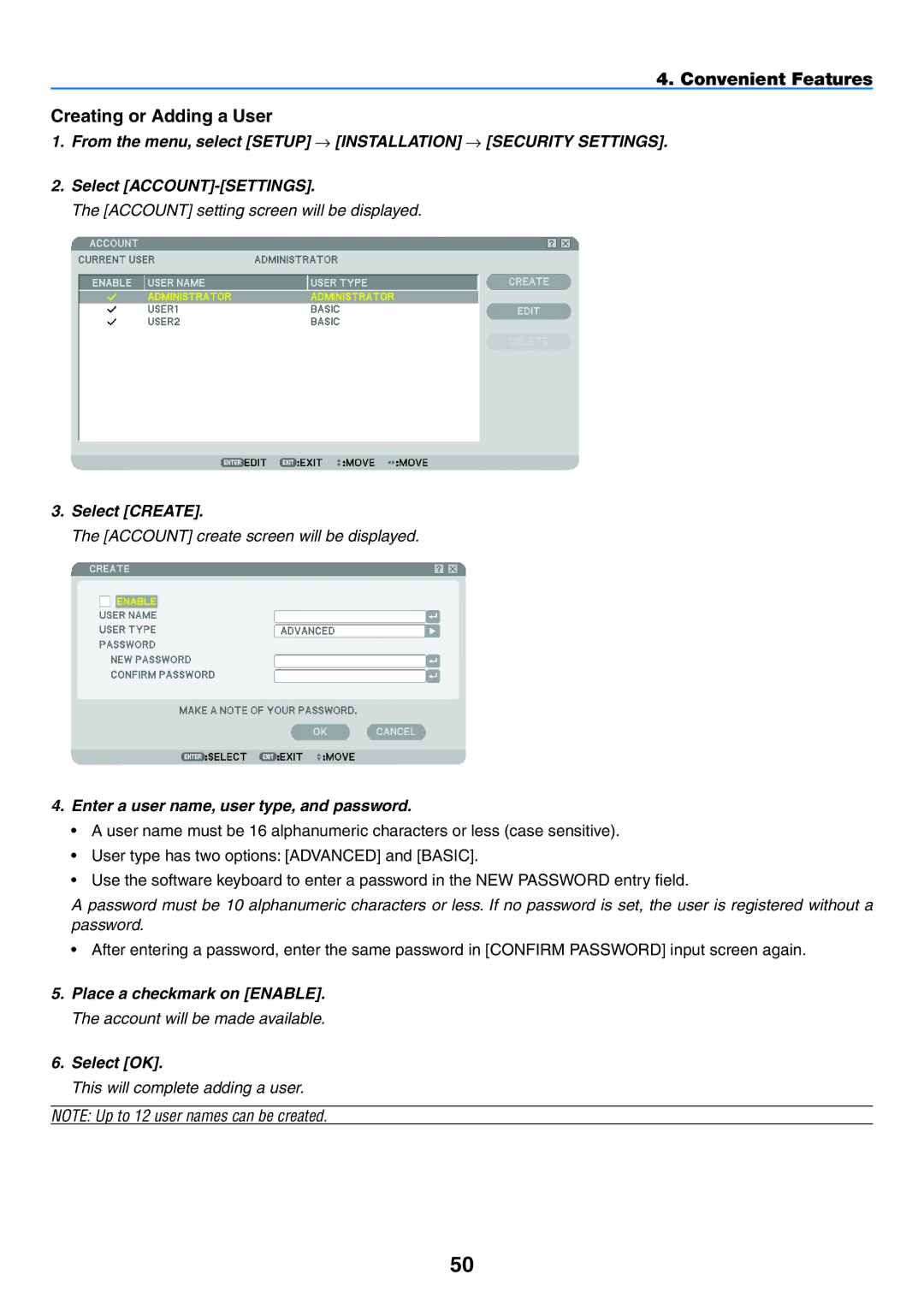 NEC NP1150 Convenient Features Creating or Adding a User, Select Create, Enter a user name, user type, and password 