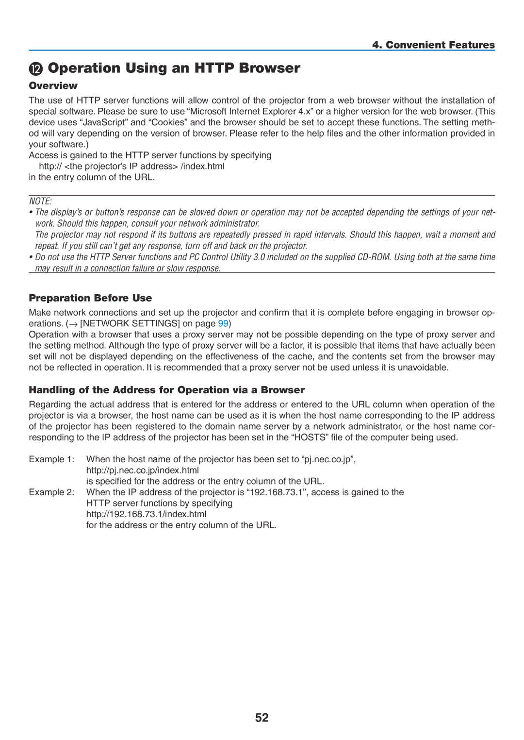 NEC NP1150, NP2150 user manual Operation Using an Http Browser, Overview, Preparation Before Use 