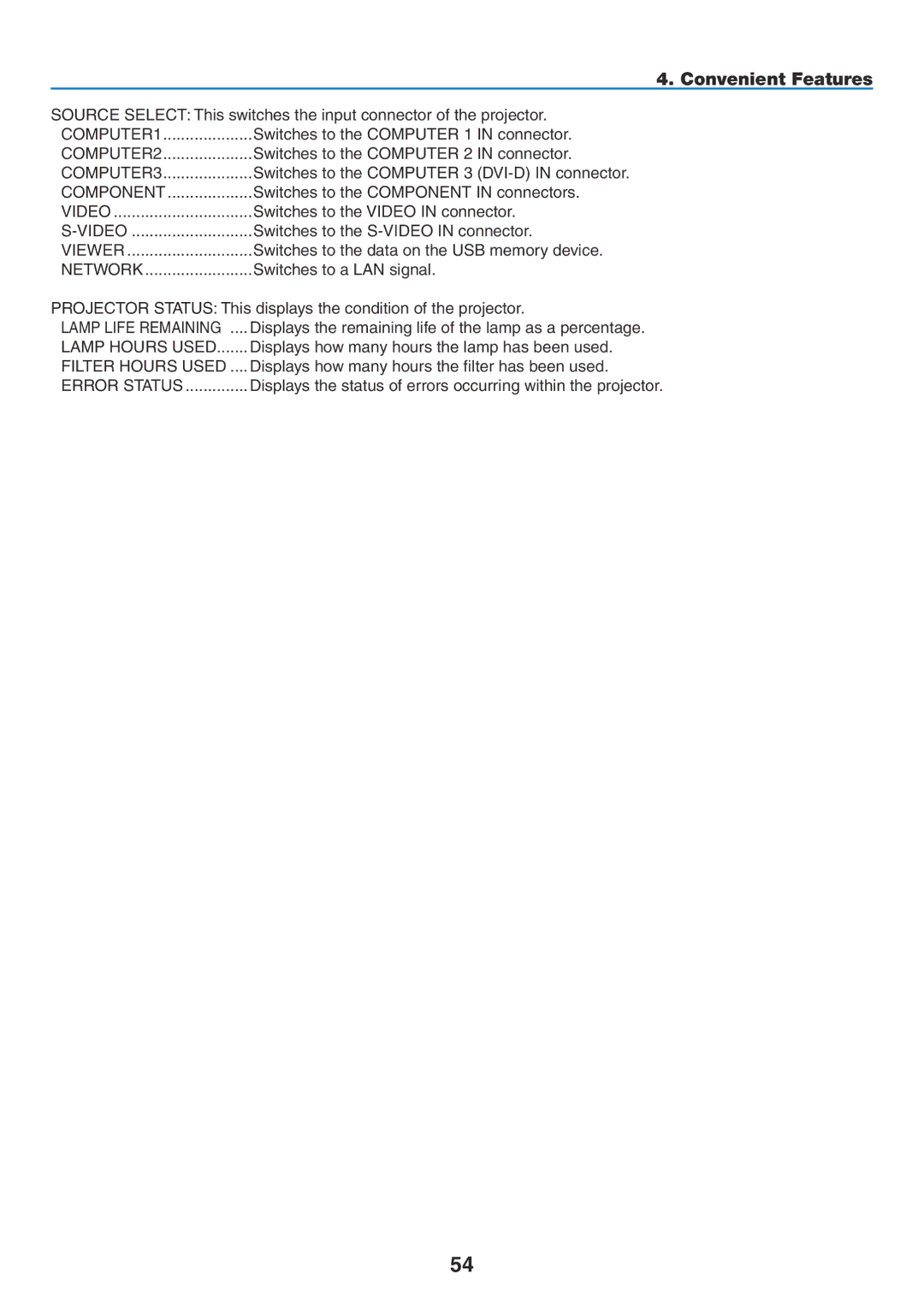 NEC NP1150, NP2150 user manual Switches to a LAN signal, Displays the remaining life of the lamp as a percentage 