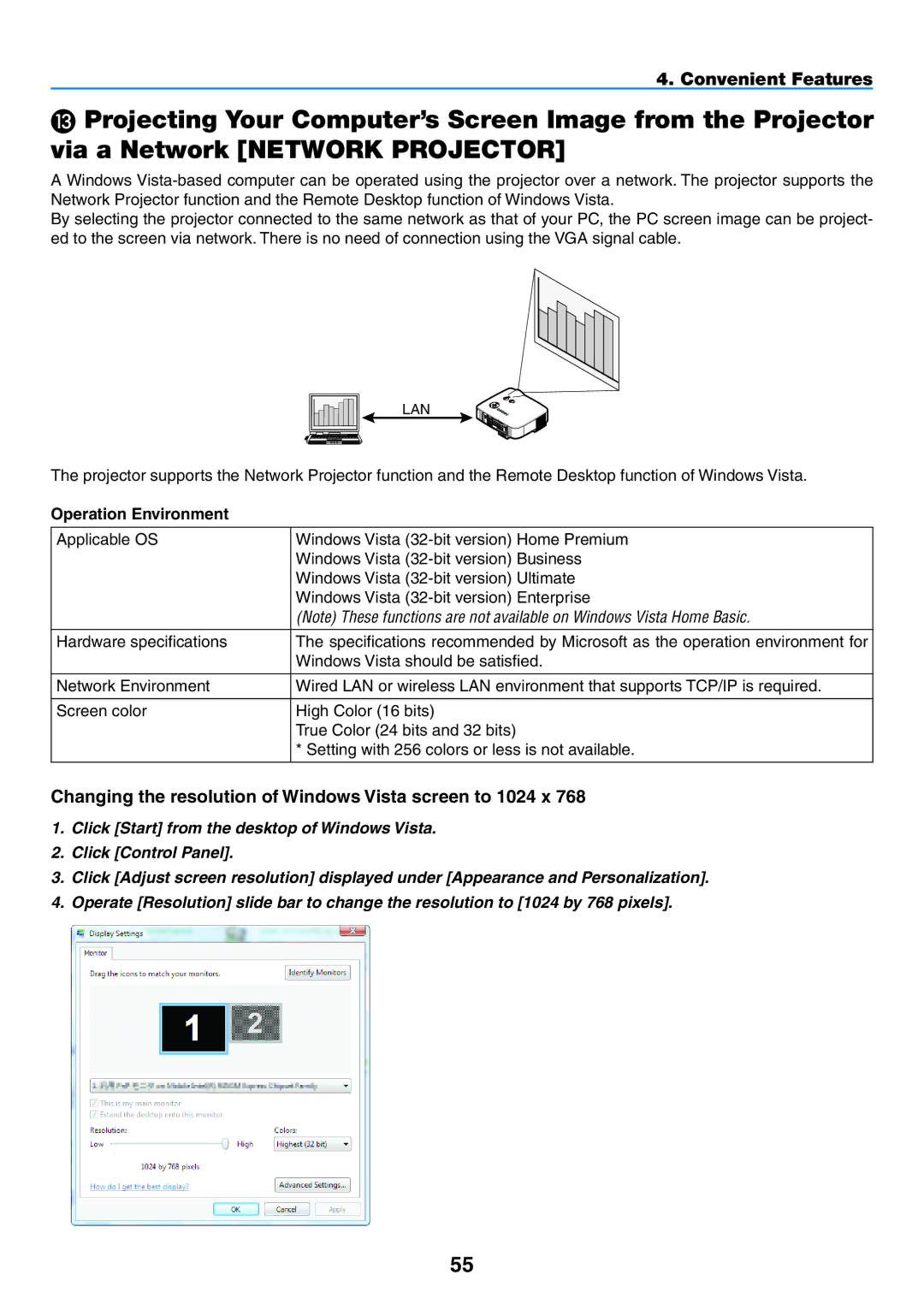 NEC NP2150, NP1150 user manual Changing the resolution of Windows Vista screen to 1024 x, Operation Environment 