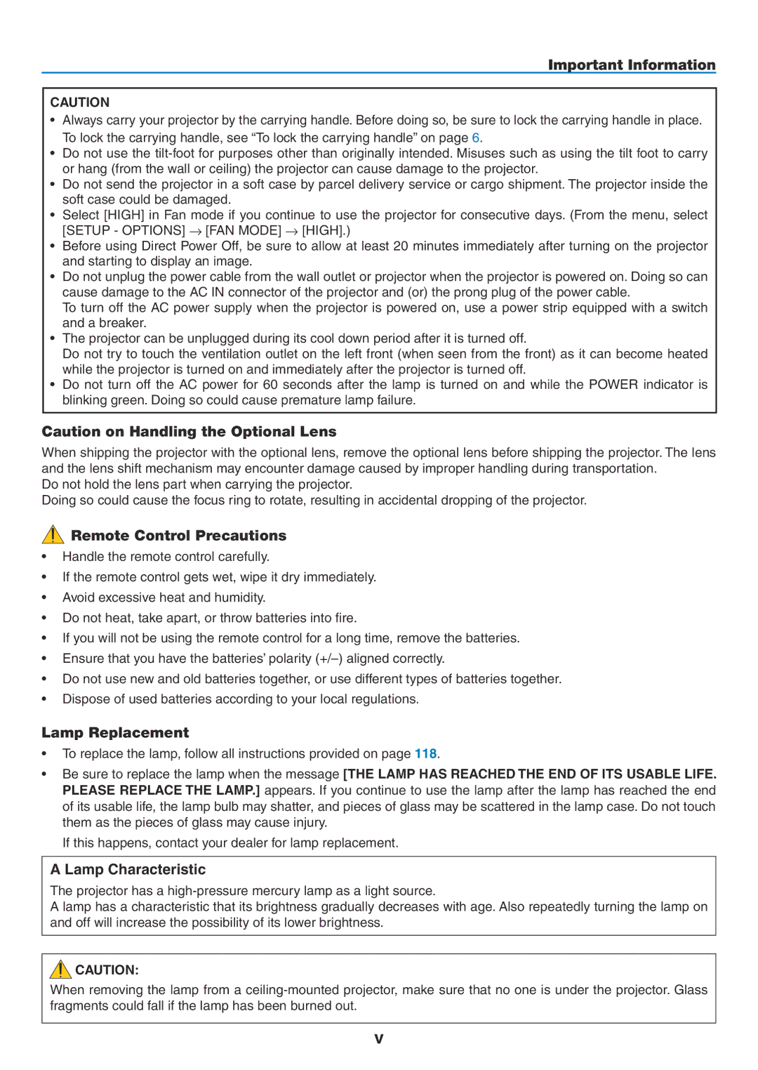 NEC NP2150, NP1150 user manual Important Information, Remote Control Precautions, Lamp Replacement, Lamp Characteristic 