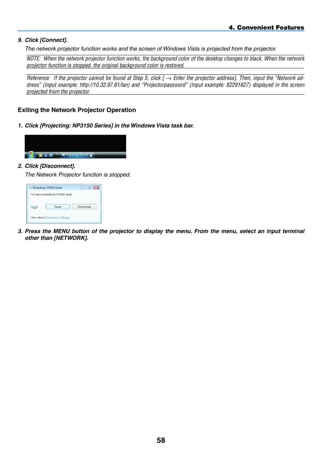 NEC NP1150, NP2150 user manual Exiting the Network Projector Operation, Click Connect 