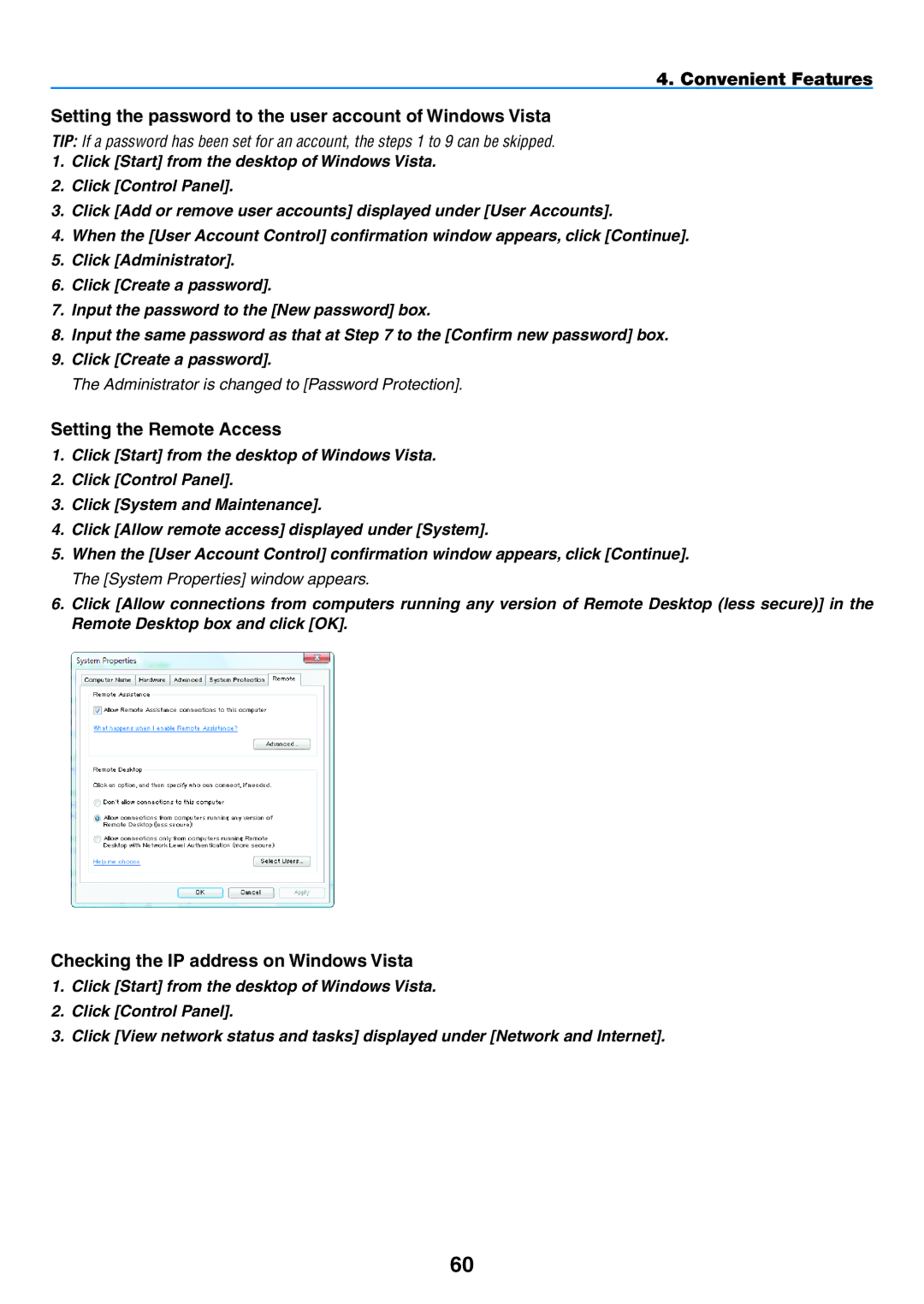 NEC NP1150, NP2150 user manual Setting the Remote Access, Checking the IP address on Windows Vista 