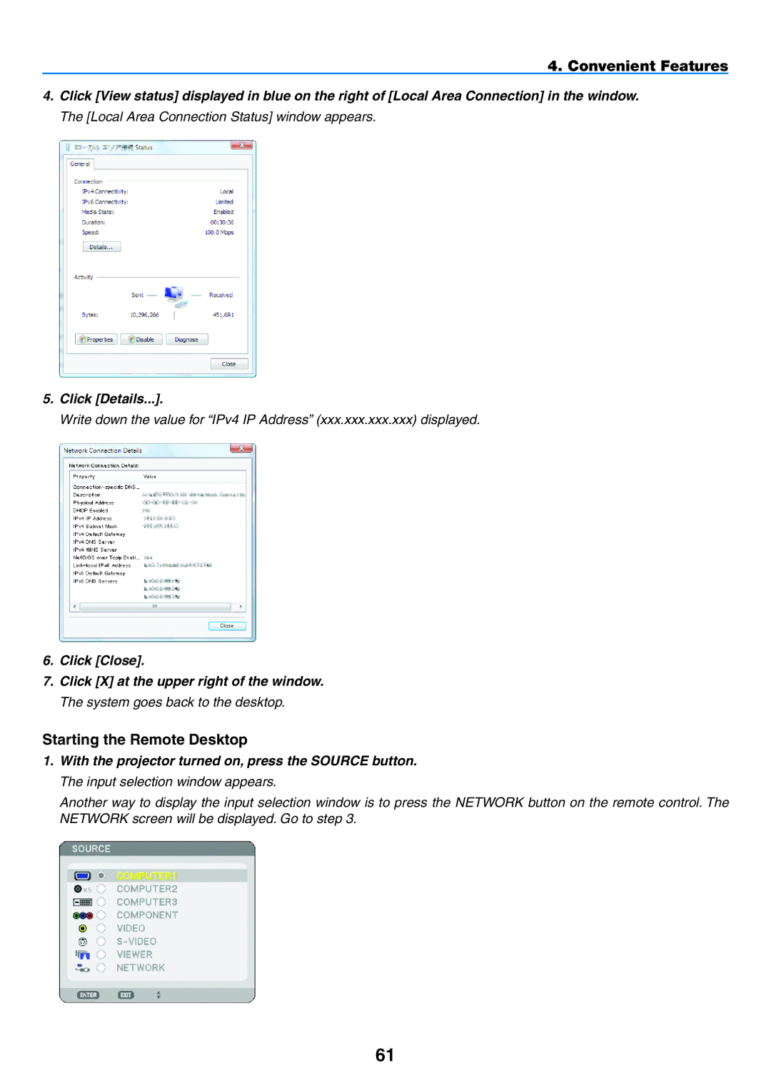 NEC NP2150, NP1150 user manual Starting the Remote Desktop 