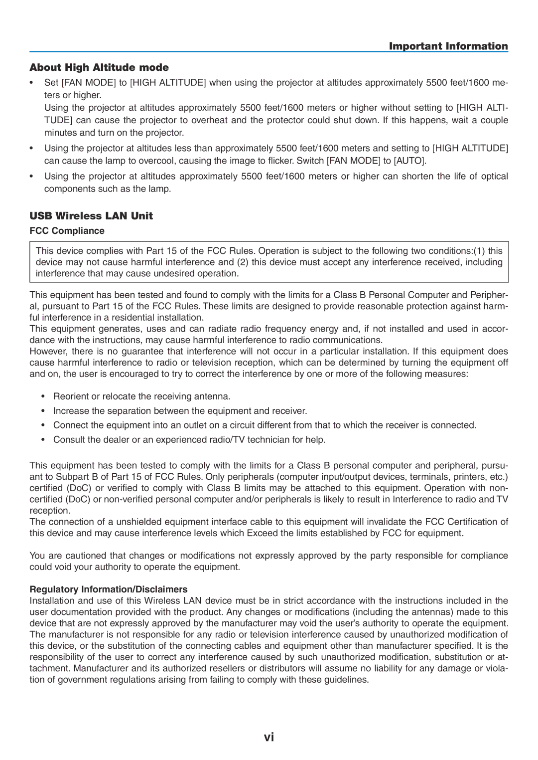 NEC NP1150, NP2150 user manual Important Information About High Altitude mode, USB Wireless LAN Unit, FCC Compliance 