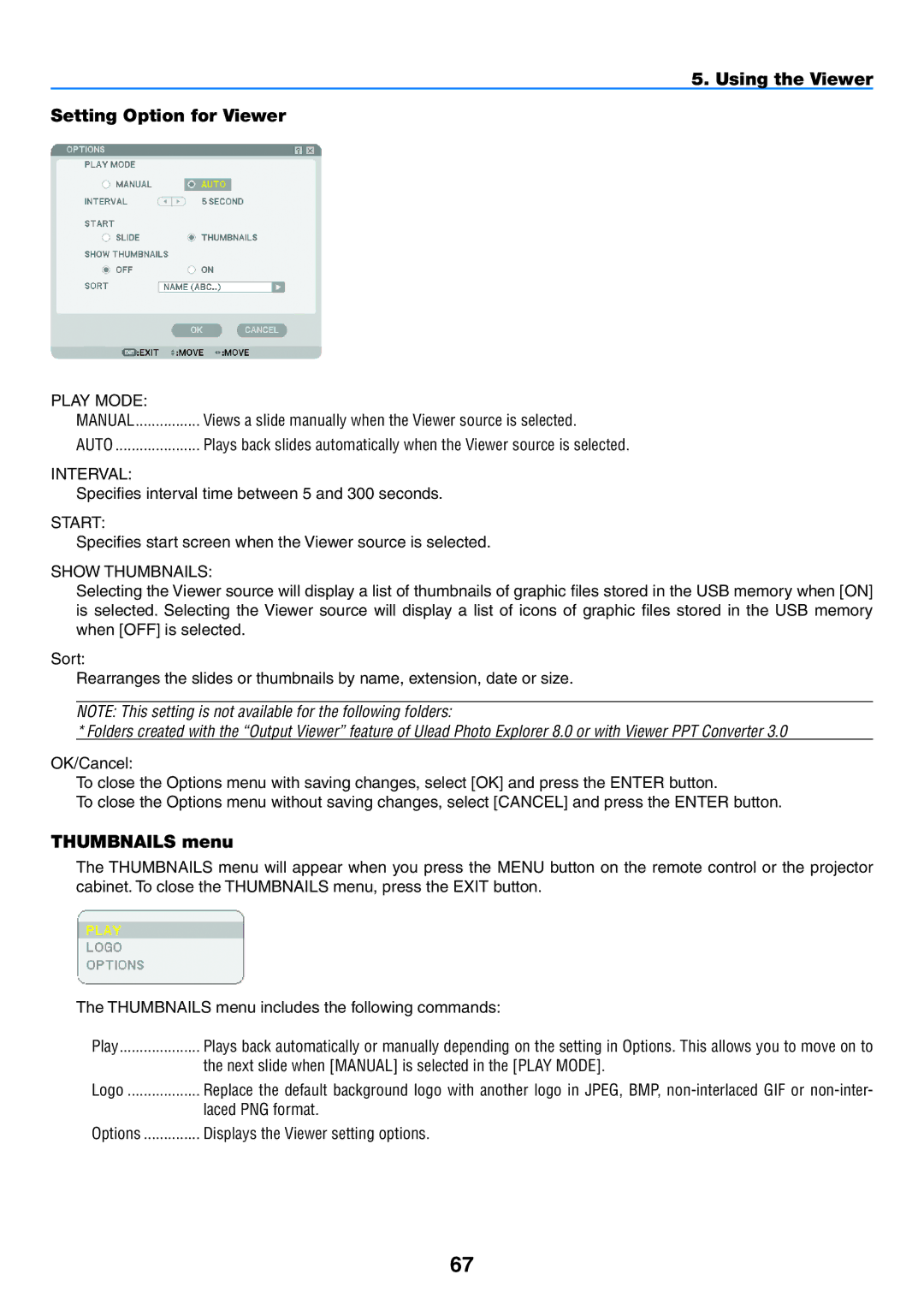 NEC NP2150, NP1150 user manual Using the Viewer Setting Option for Viewer, Thumbnails menu 