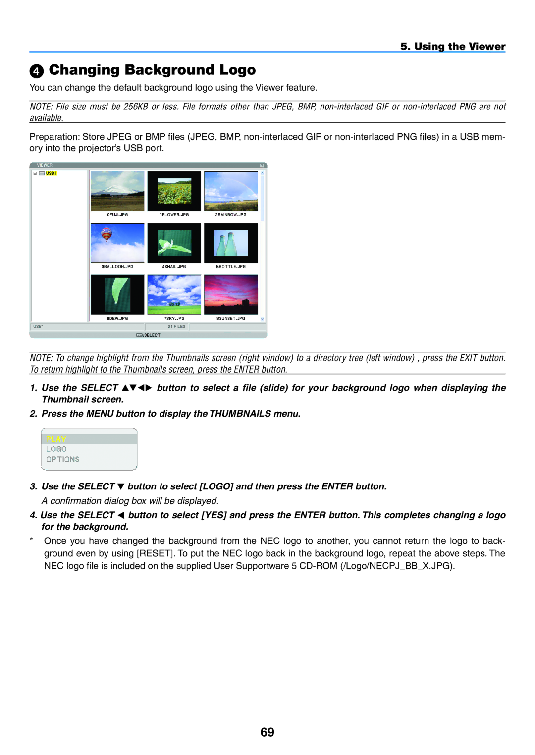 NEC NP2150, NP1150 user manual  Changing Background Logo, Using the Viewer 