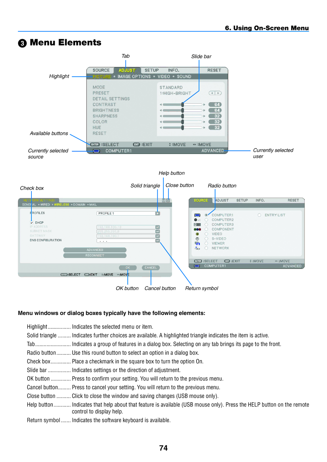 NEC NP1150, NP2150 user manual  Menu Elements 