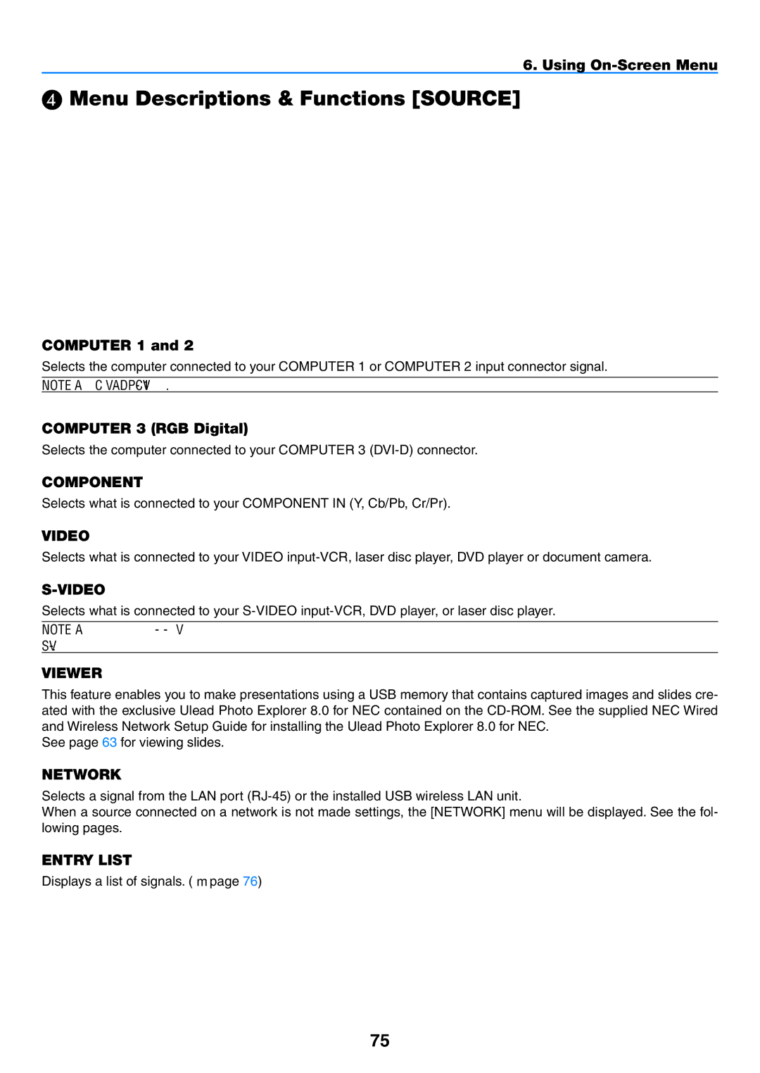 NEC NP2150  Menu Descriptions & Functions Source, Computer 1, Computer 3 RGB Digital, Displays a list of signals. → 