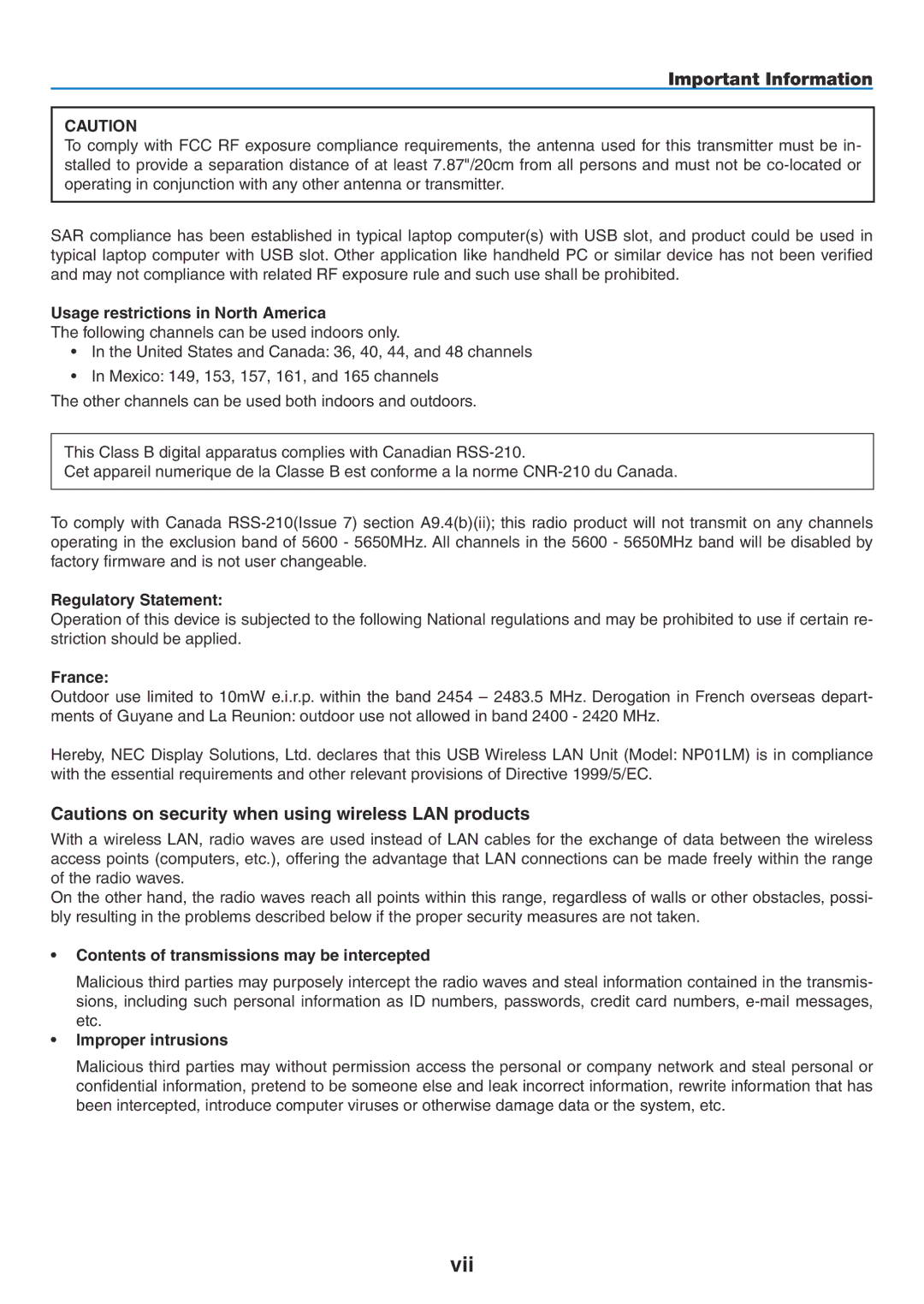 NEC NP2150, NP1150 user manual Vii 