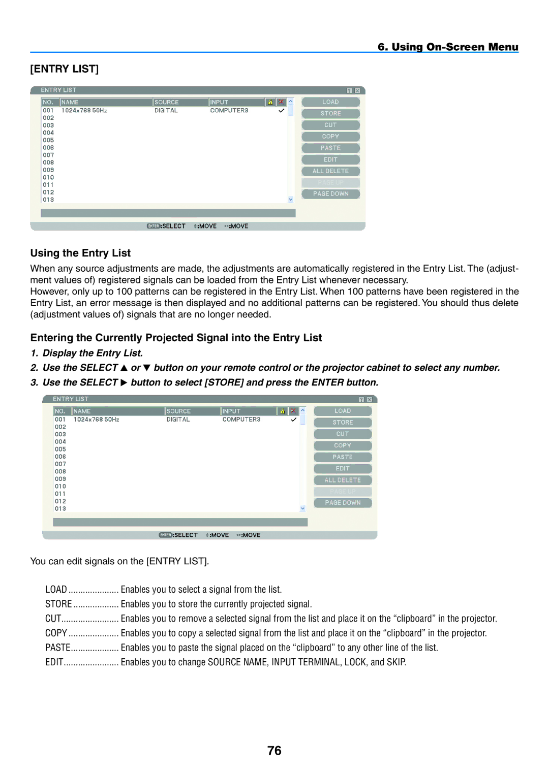 NEC NP1150, NP2150 user manual Using On-Screen Menu Entry List Using the Entry List, Copy 