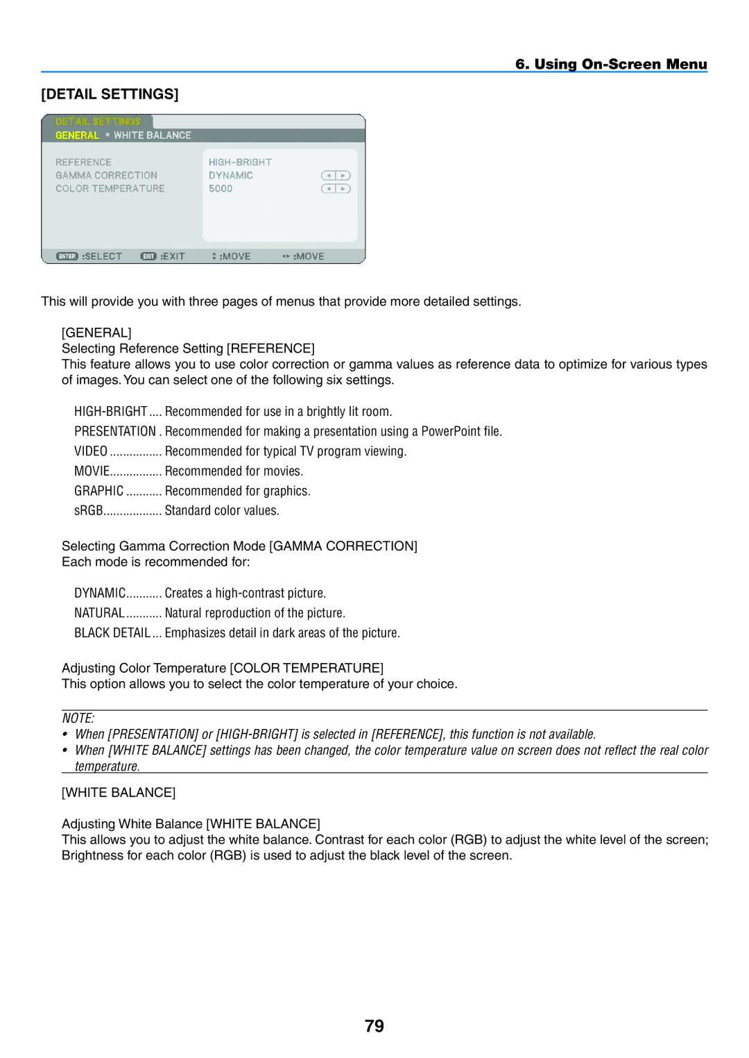 NEC NP2150, NP1150 user manual Using On-Screen Menu Detail Settings, Standard color values, Creates a high-contrast picture 