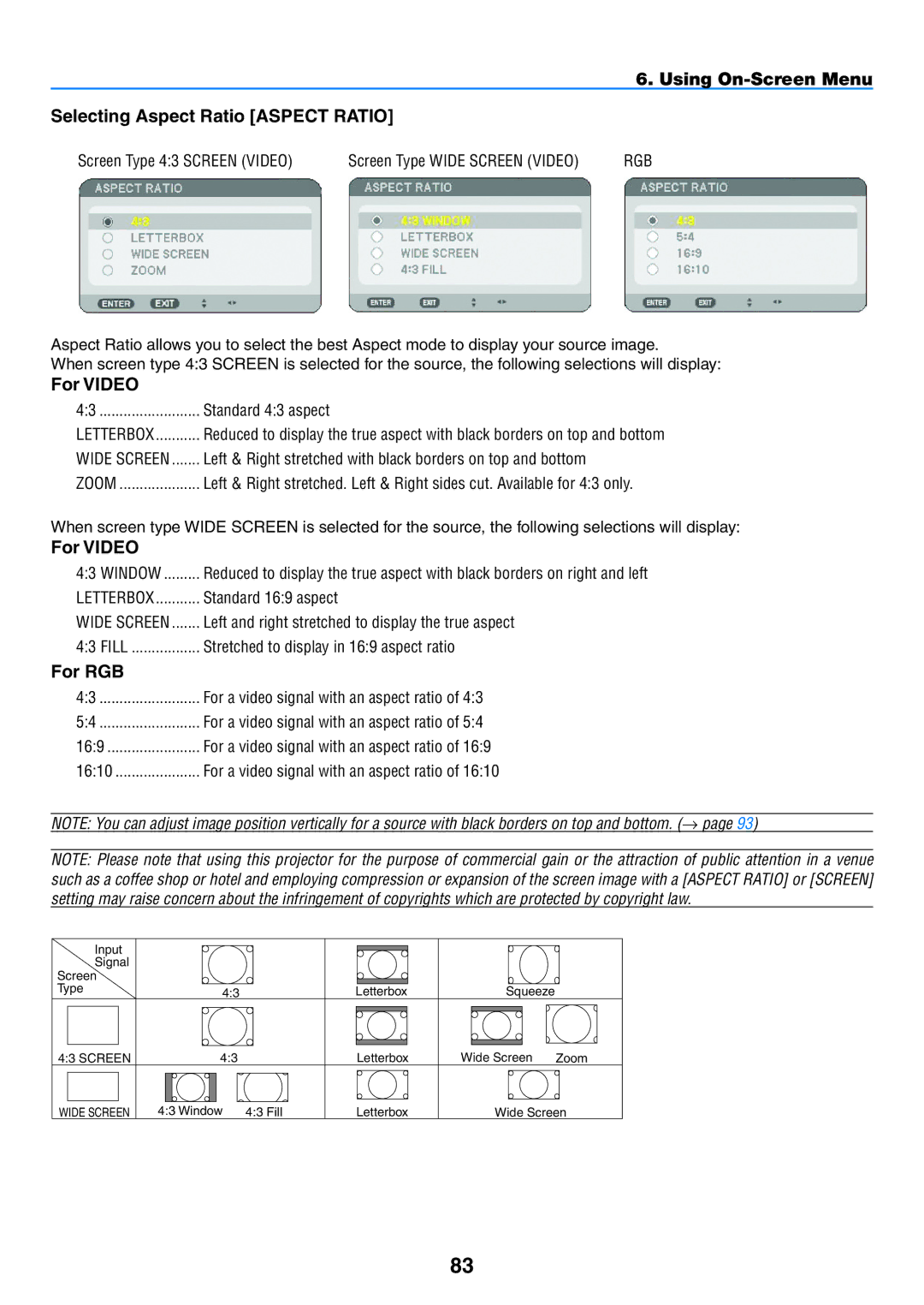 NEC NP2150, NP1150 user manual Using On-Screen Menu Selecting Aspect Ratio Aspect Ratio, For Video, For RGB 