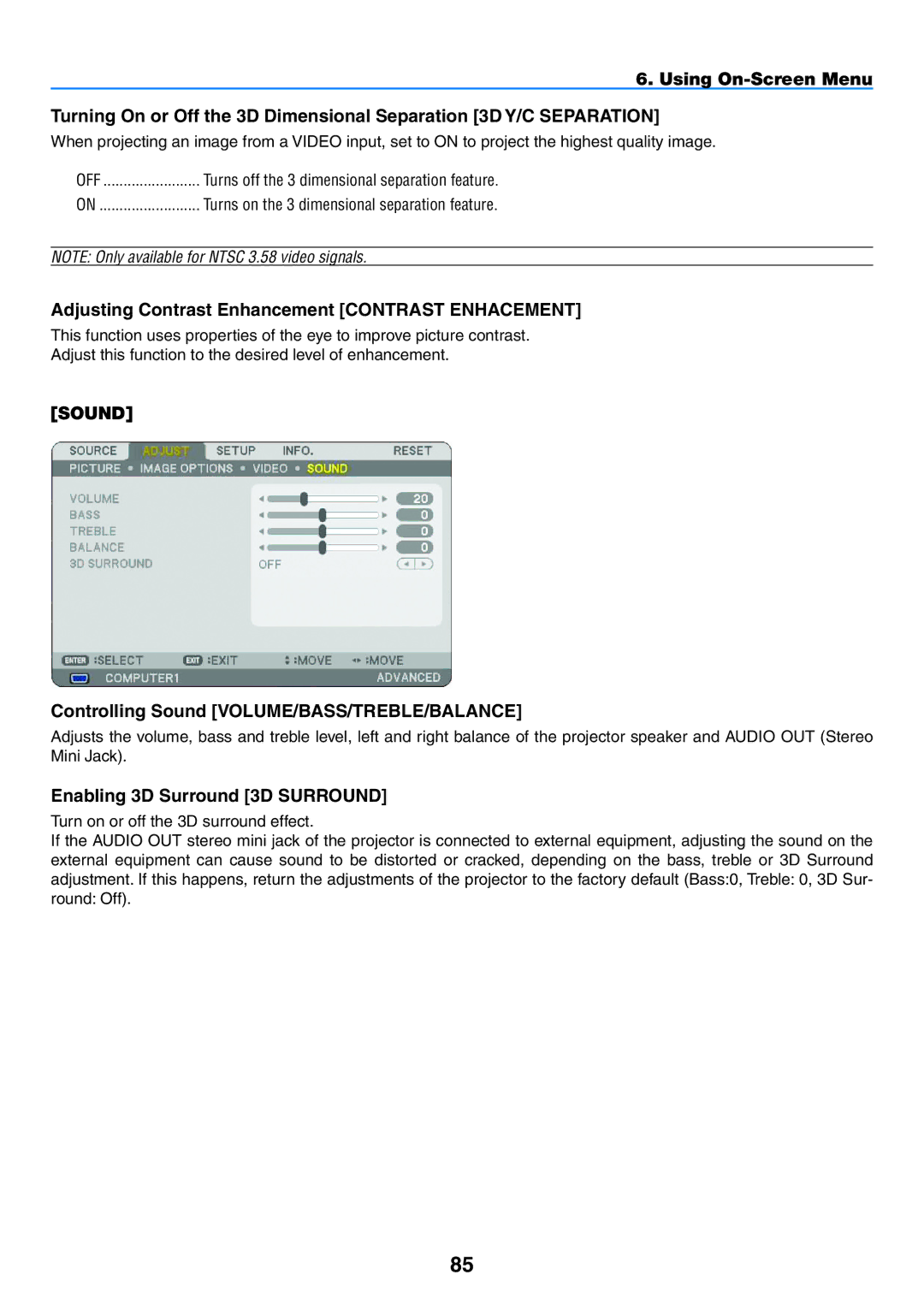 NEC NP2150, NP1150 Adjusting Contrast Enhancement Contrast Enhacement, Sound Controlling Sound Volume/Bass/Treble/Balance 