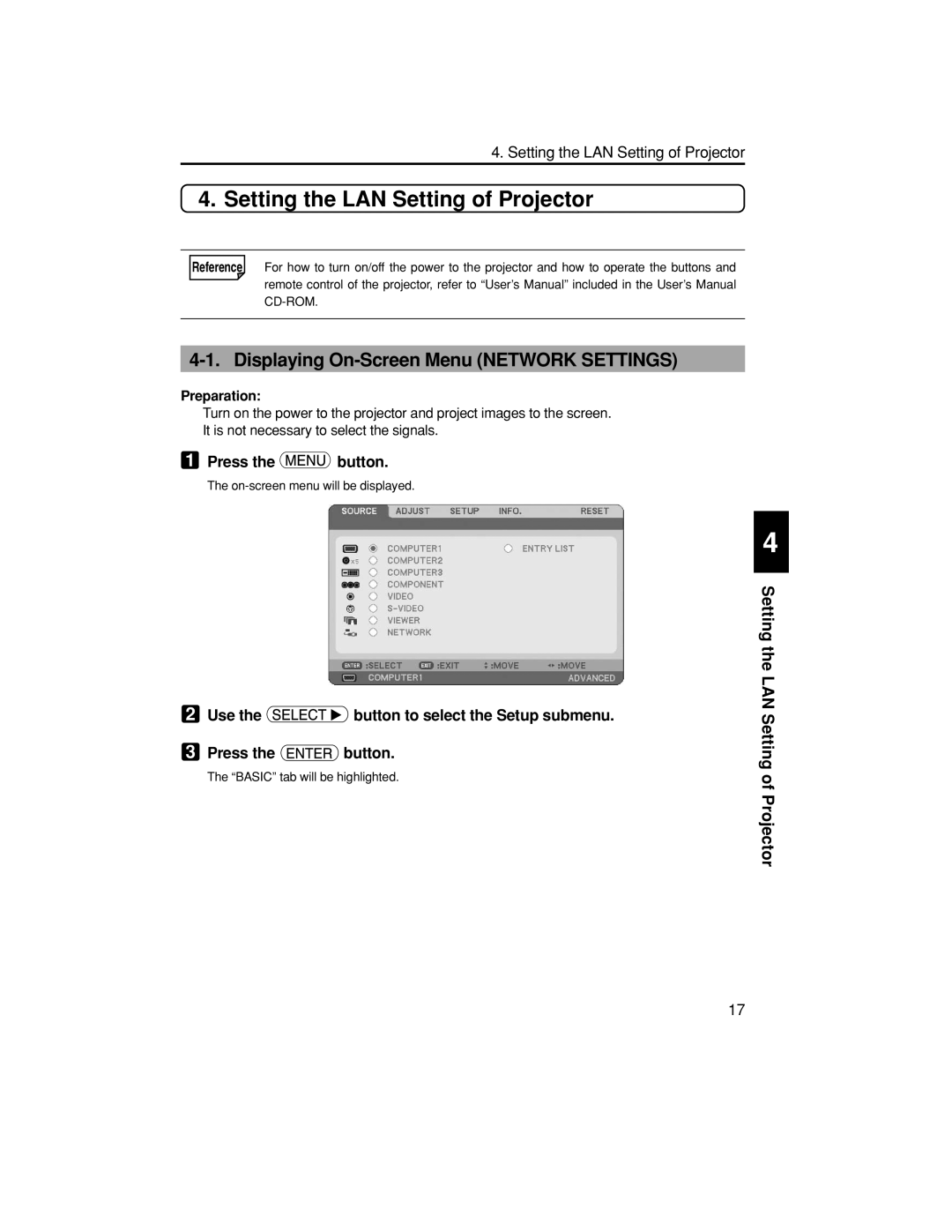 NEC NP2150, NP1150 Setting the LAN Setting of Projector, Displaying On-Screen Menu Network Settings, Press the button 