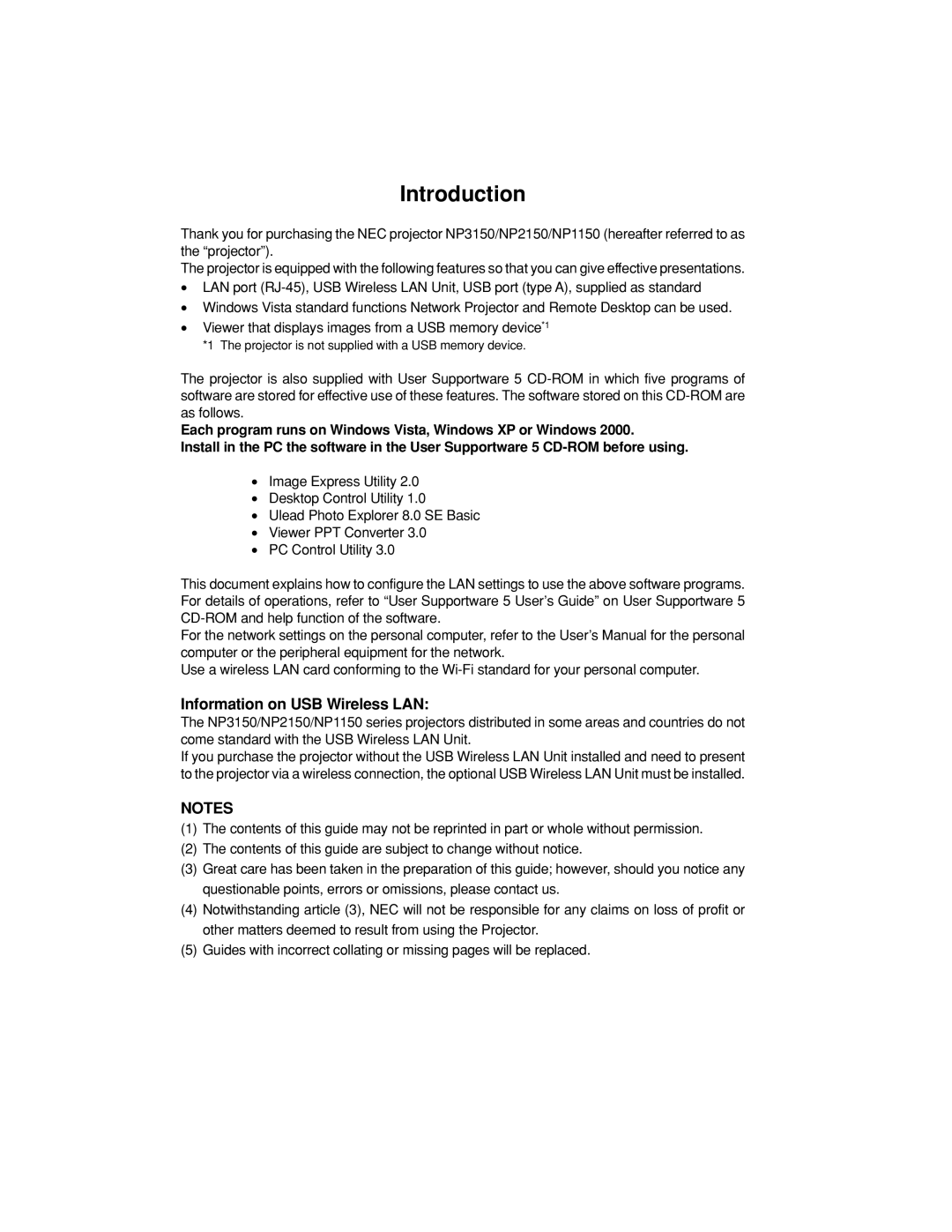 NEC NP2150, NP1150, NP3150 setup guide Introduction, Information on USB Wireless LAN 