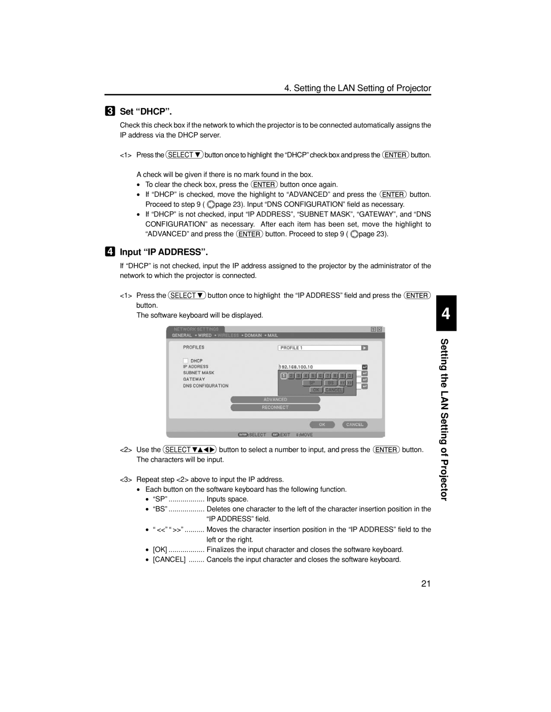 NEC NP1150, NP3150, NP2150 setup guide Set Dhcp, Input IP Address 