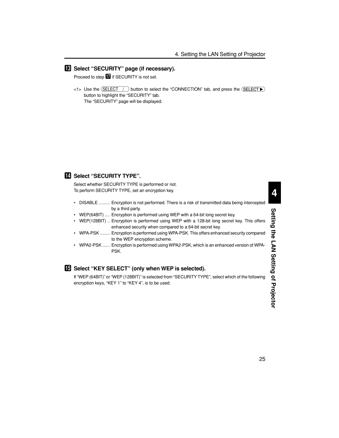 NEC NP3150, NP1150 Select Security page if necessary, Select Security Type, Select KEY Select only when WEP is selected 