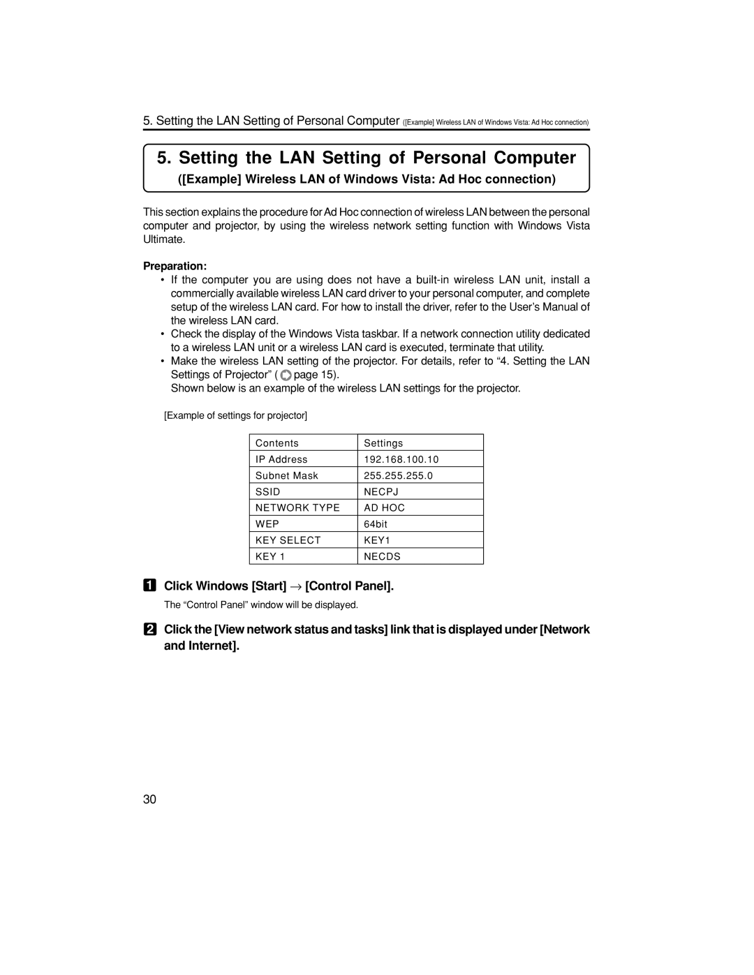 NEC NP1150, NP3150, NP2150 setup guide Setting the LAN Setting of Personal Computer, Click Windows Start → Control Panel 