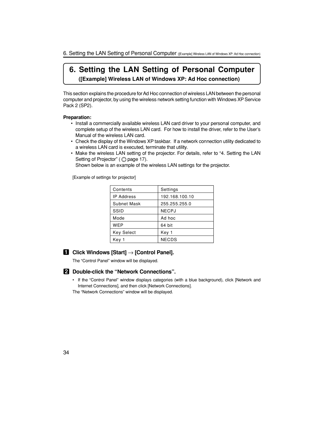 NEC NP3150, NP1150, NP2150 Example Wireless LAN of Windows XP Ad Hoc connection, Double-click the Network Connections 