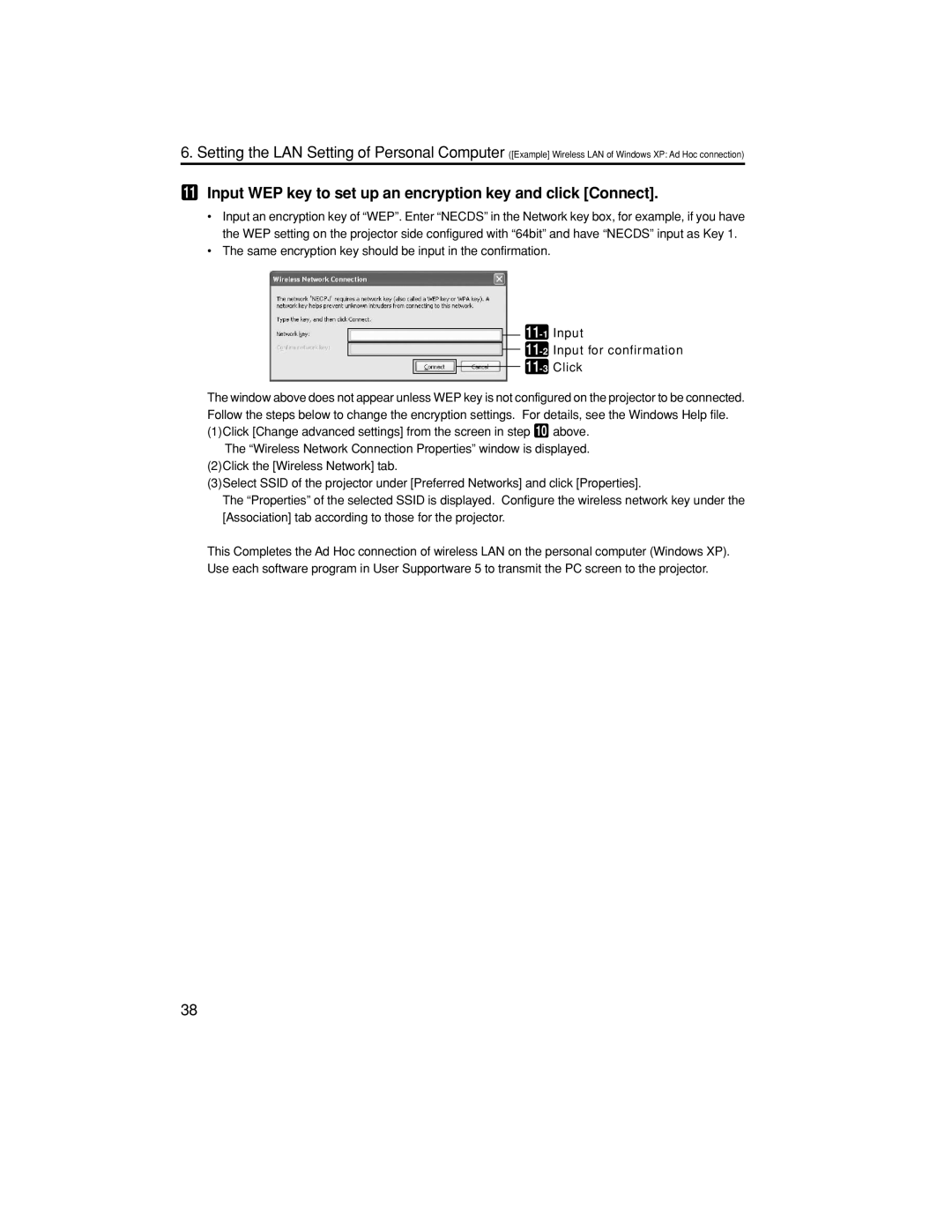 NEC NP2150, NP1150, NP3150 setup guide Input WEP key to set up an encryption key and click Connect 