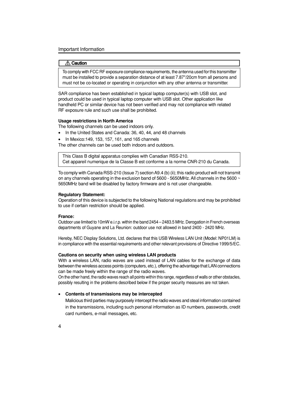 NEC NP3150, NP1150, NP2150 setup guide Usage restrictions in North America 