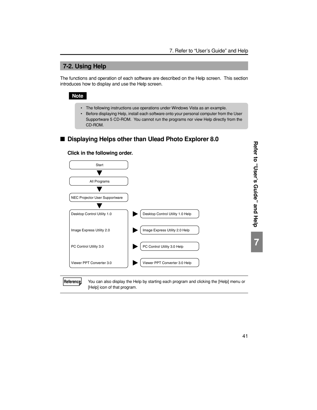 NEC NP2150, NP1150, NP3150 Using Help, Displaying Helps other than Ulead Photo Explorer, Click in the following order 