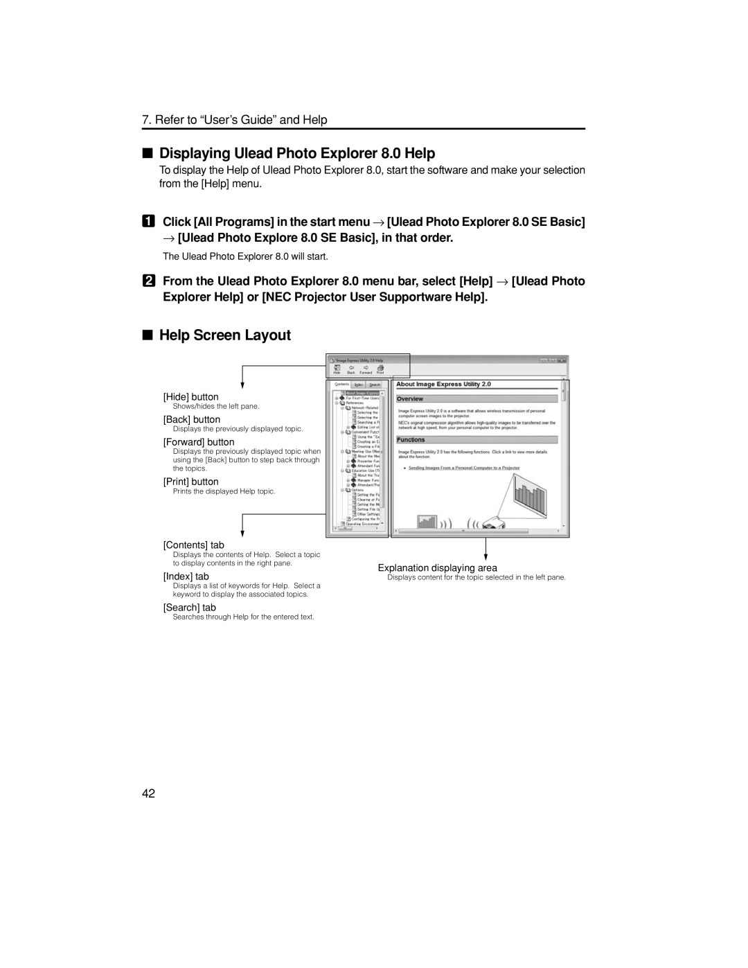 NEC NP1150, NP3150, NP2150 setup guide Displaying Ulead Photo Explorer 8.0 Help, Help Screen Layout 