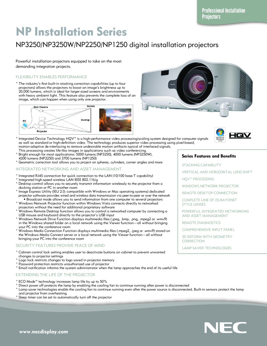 NEC manual NP Installation Series, NP3250/NP3250W/NP2250/NP1250 digital installation projectors 
