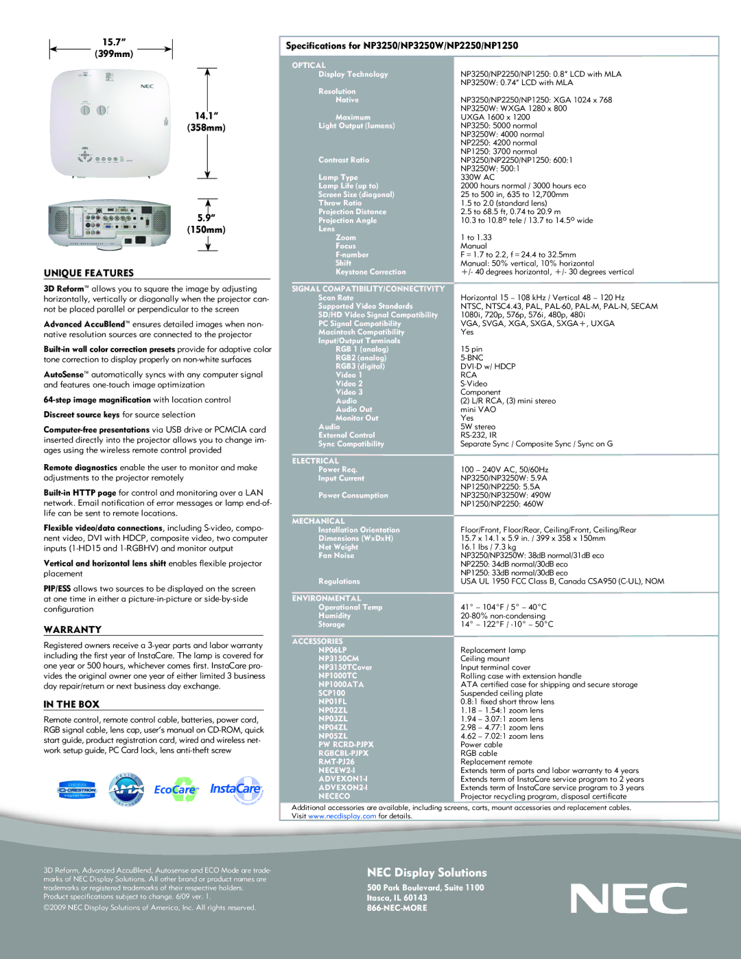 NEC NP3250W, NP1250, NP2250 manual Unique Features, Warranty, Box 