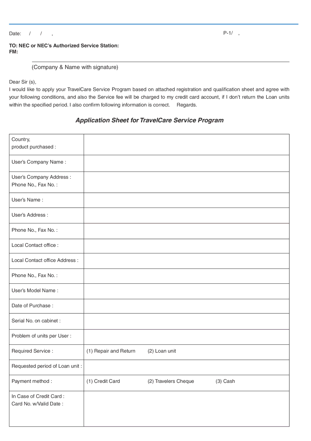 NEC NP200+, NP100+ manual Application Sheet for TravelCare Service Program 