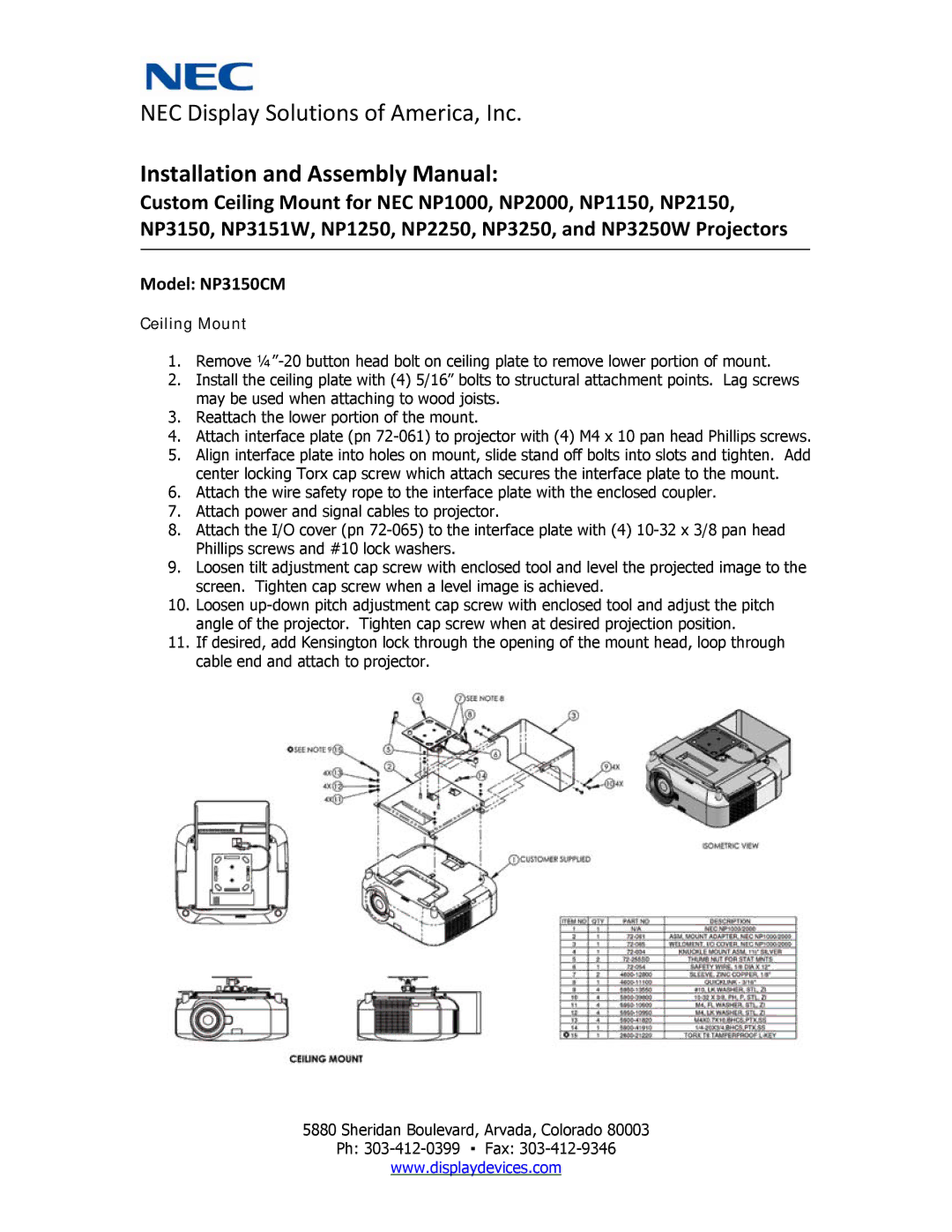 NEC manual Installation and Assembly Manual, Model NP3150CM, Ceiling Mount 