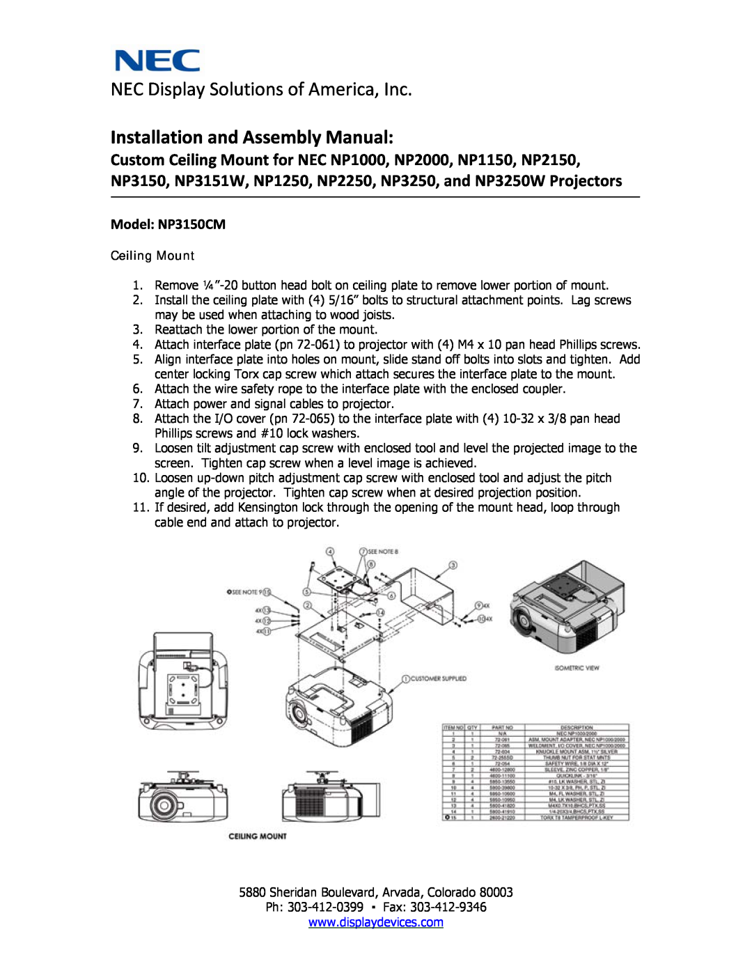 NEC manual Ceiling Mount, NEC Display Solutions of America, Inc, Installation and Assembly Manual, Model NP3150CM 