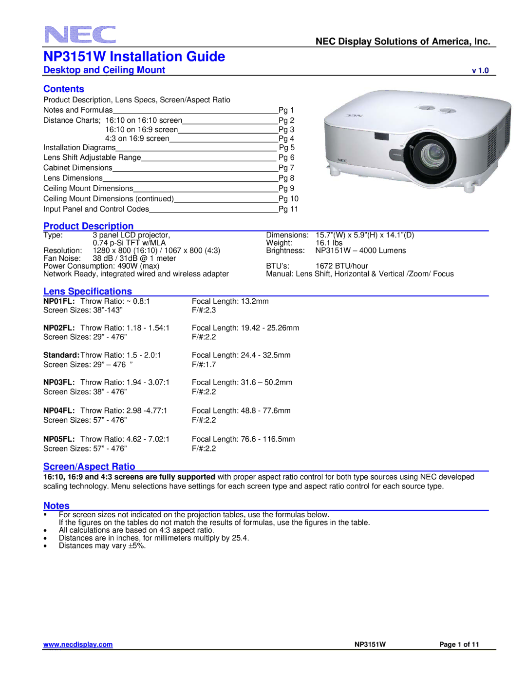 NEC NP3151W specifications Desktop and Ceiling Mount Contents, Product Description, Lens Specifications 