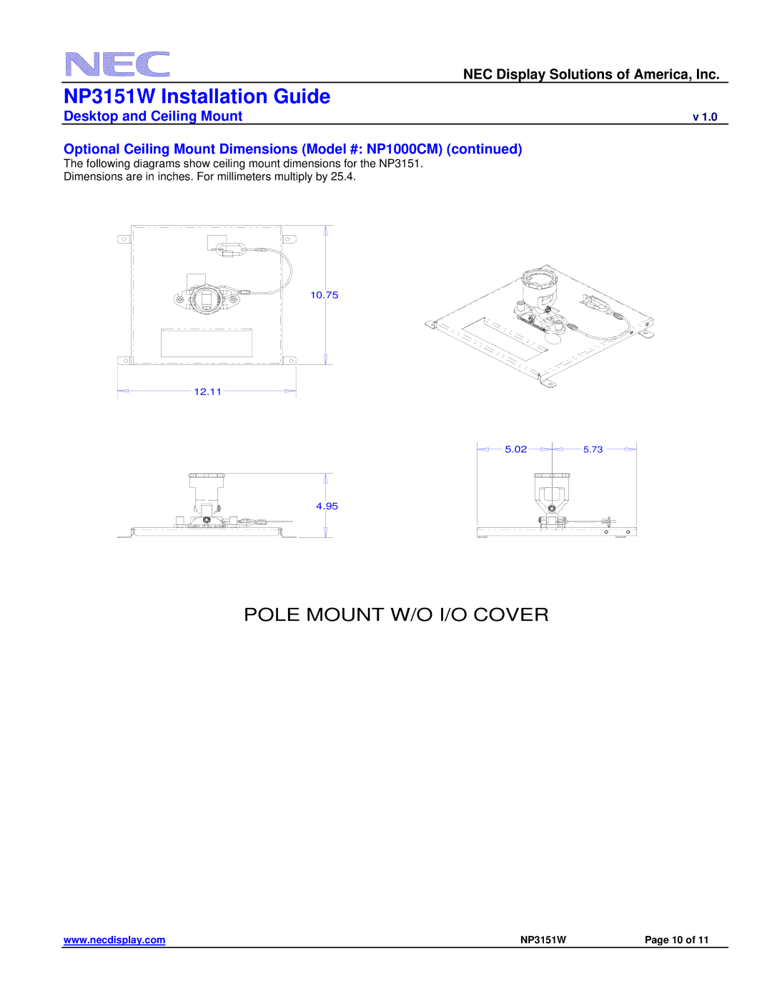 NEC NP3151W specifications Pole Mount W/O I/O Cover 