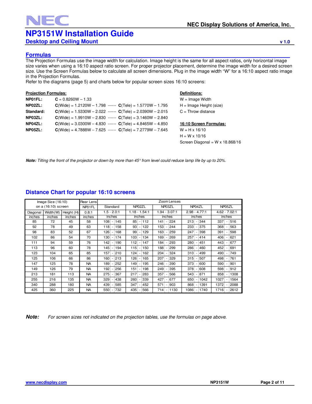 NEC NP3151W specifications Desktop and Ceiling Mount Formulas, Distance Chart for popular 1610 screens 