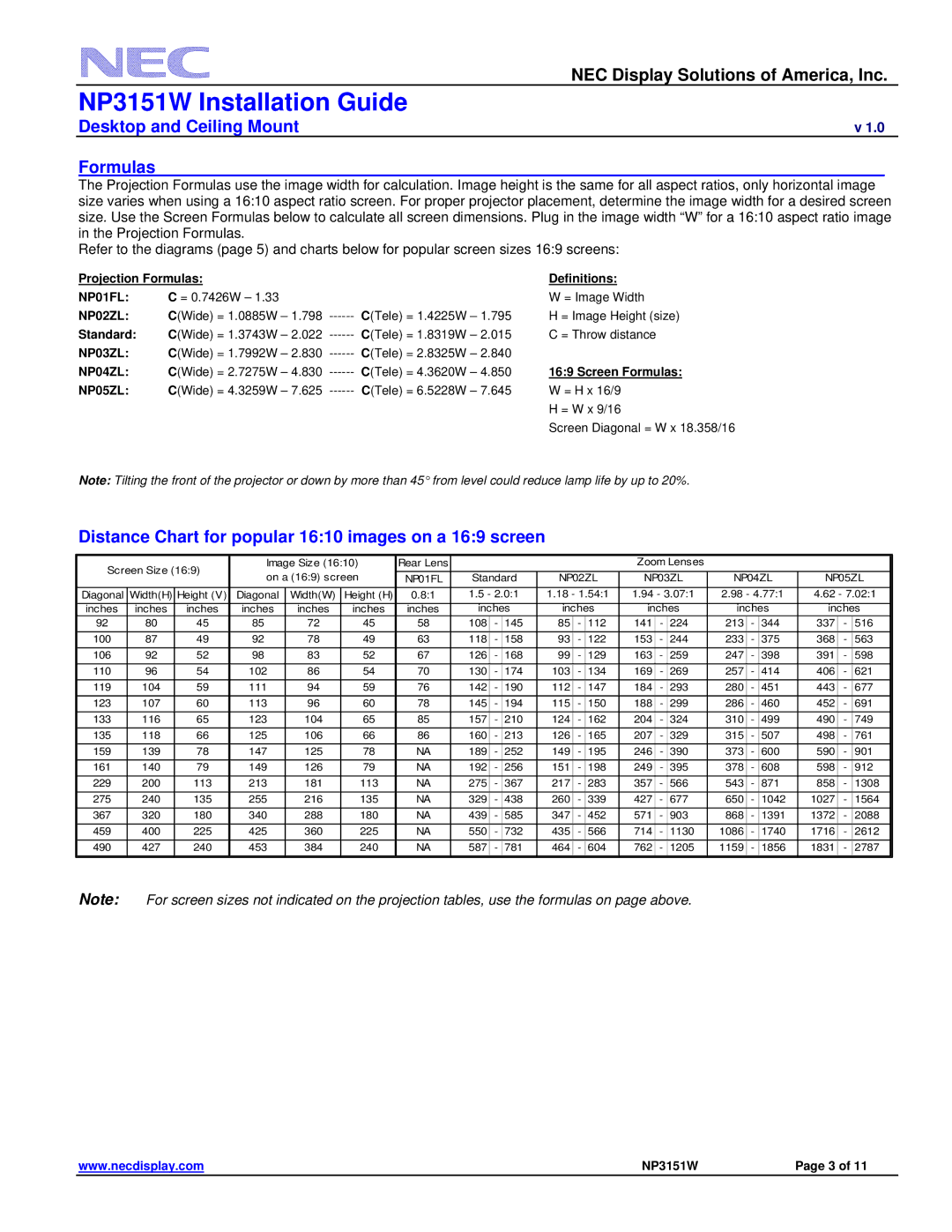 NEC NP3151W specifications Distance Chart for popular 1610 images on a 169 screen 