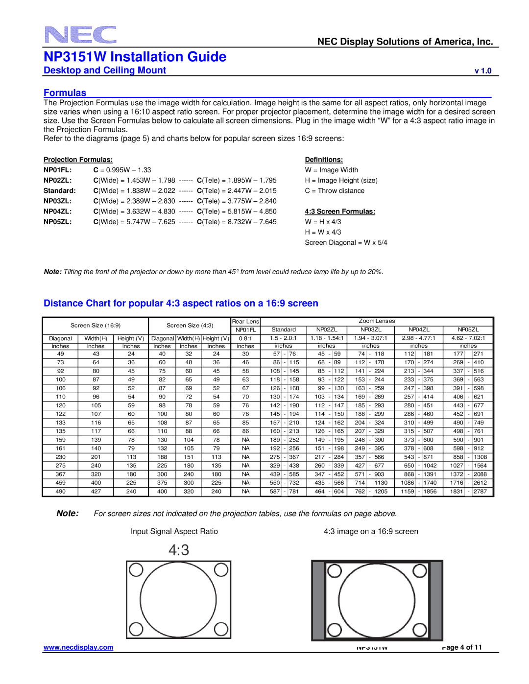 NEC NP3151W specifications Distance Chart for popular 43 aspect ratios on a 169 screen 