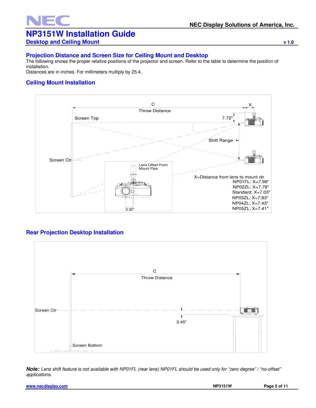 NEC NP3151W specifications Ceiling Mount Installation, Rear Projection Desktop Installation 