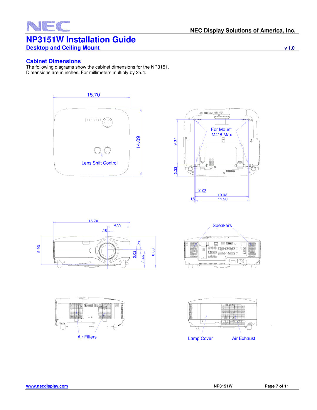 NEC NP3151W specifications Desktop and Ceiling Mount Cabinet Dimensions, 14.09 