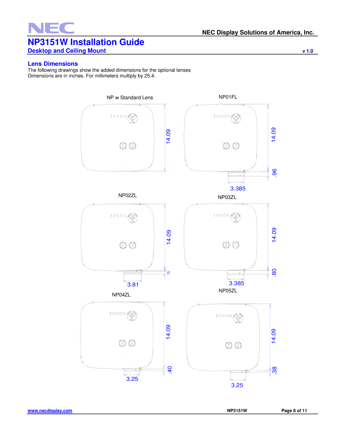 NEC NP3151W specifications Desktop and Ceiling Mount Lens Dimensions, 14.09 