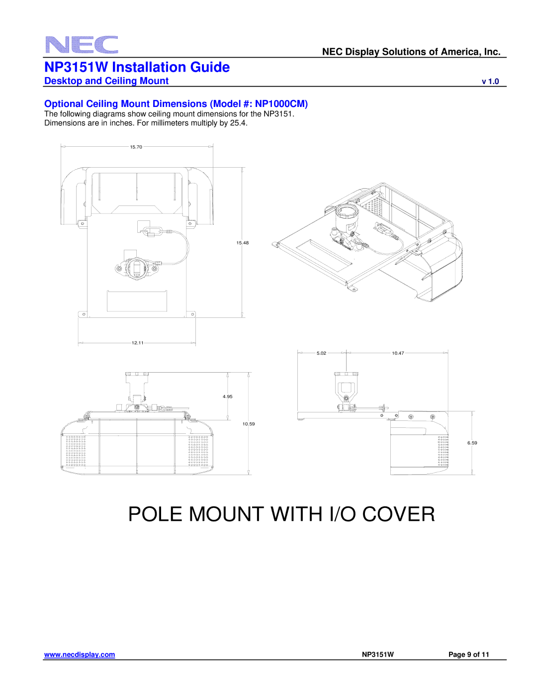 NEC NP3151W specifications Pole Mount with I/O Cover 