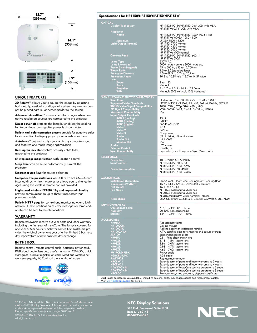 NEC NP3151W manual Unique Features, Warranty, Box 