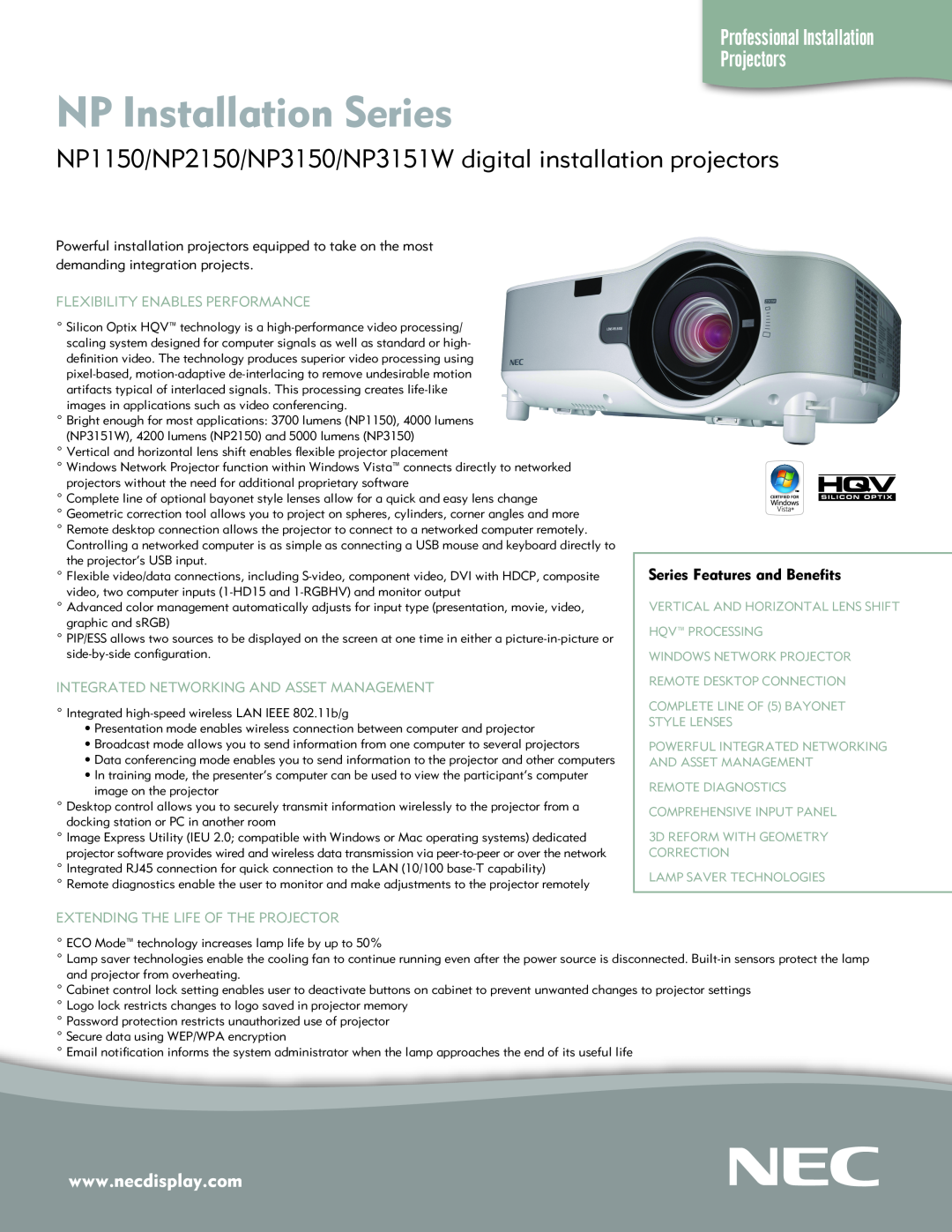 NEC manual NP Installation Series, NP1150/NP2150/NP3150/NP3151W digital installation projectors 